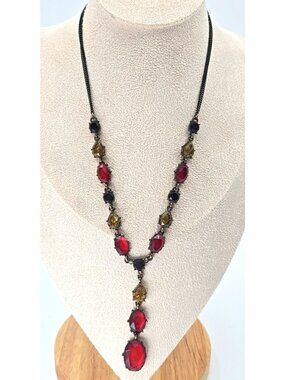 Rare Carolina Herrera Designer Y-Drop Necklace Reds & Citrine Stones 17"